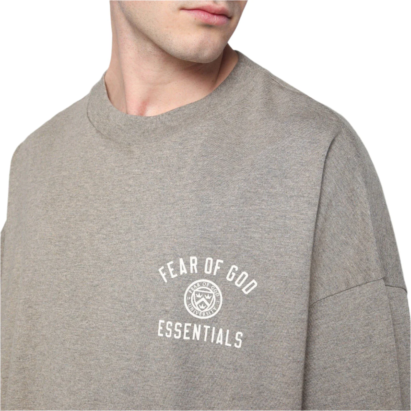 Fear Of God Essentials University Logo T-Shirt 'Heather Oatmeal' - Image 3
